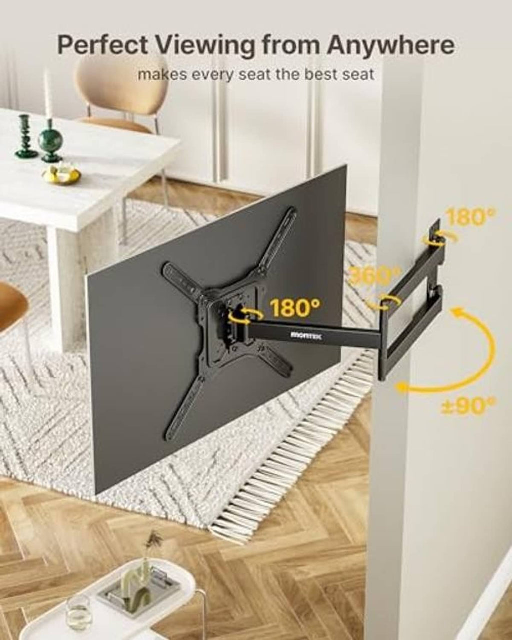 Long arm TV wall mount with flat-screen TV angled near the wall
