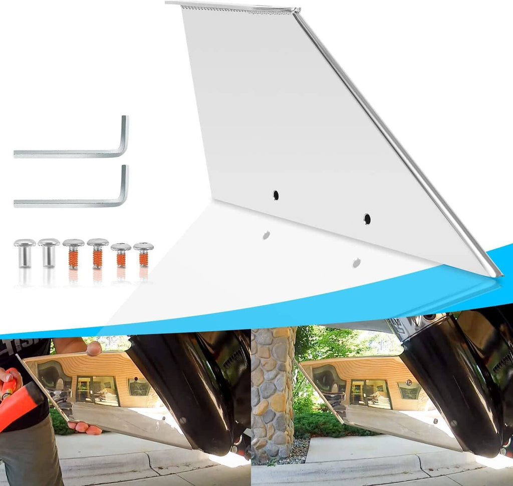 Stainless steel skeg guard protector with angled plate and mounting holes for outboard motors