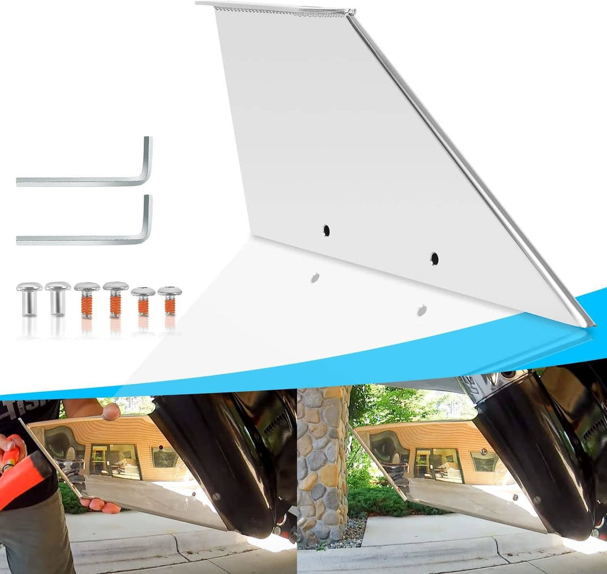 Stainless steel skeg guard protector with angled plate and mounting holes for outboard motors