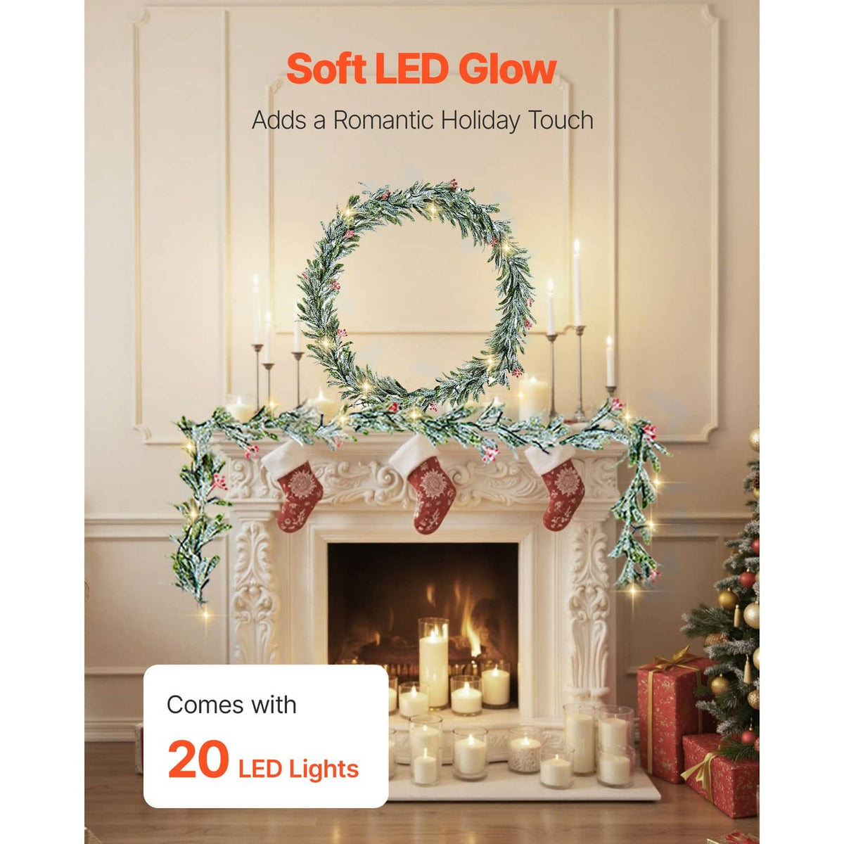 Pre-lit Christmas garland with olive leaves, red berries, and soft LED glow over a mantel
