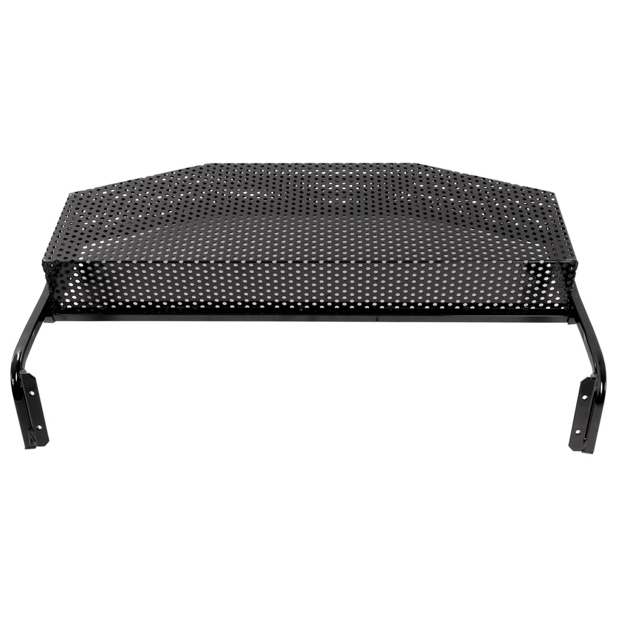 Top view of perforated cargo basket tray with black side handles and mounting brackets
