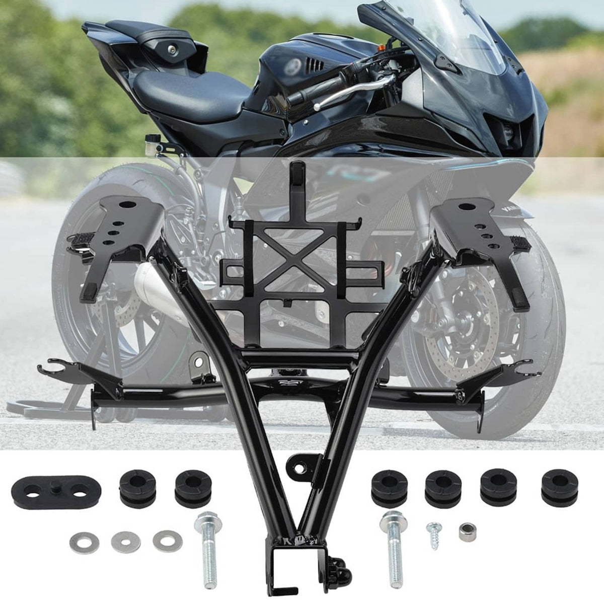 Black motorcycle front fairing stay bracket installed on front frame with bolts
