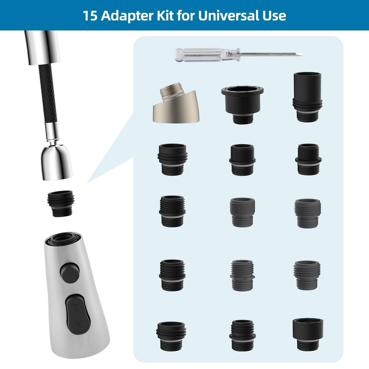 Faucet head replacement with black mode panel and 15 adapter kit pieces