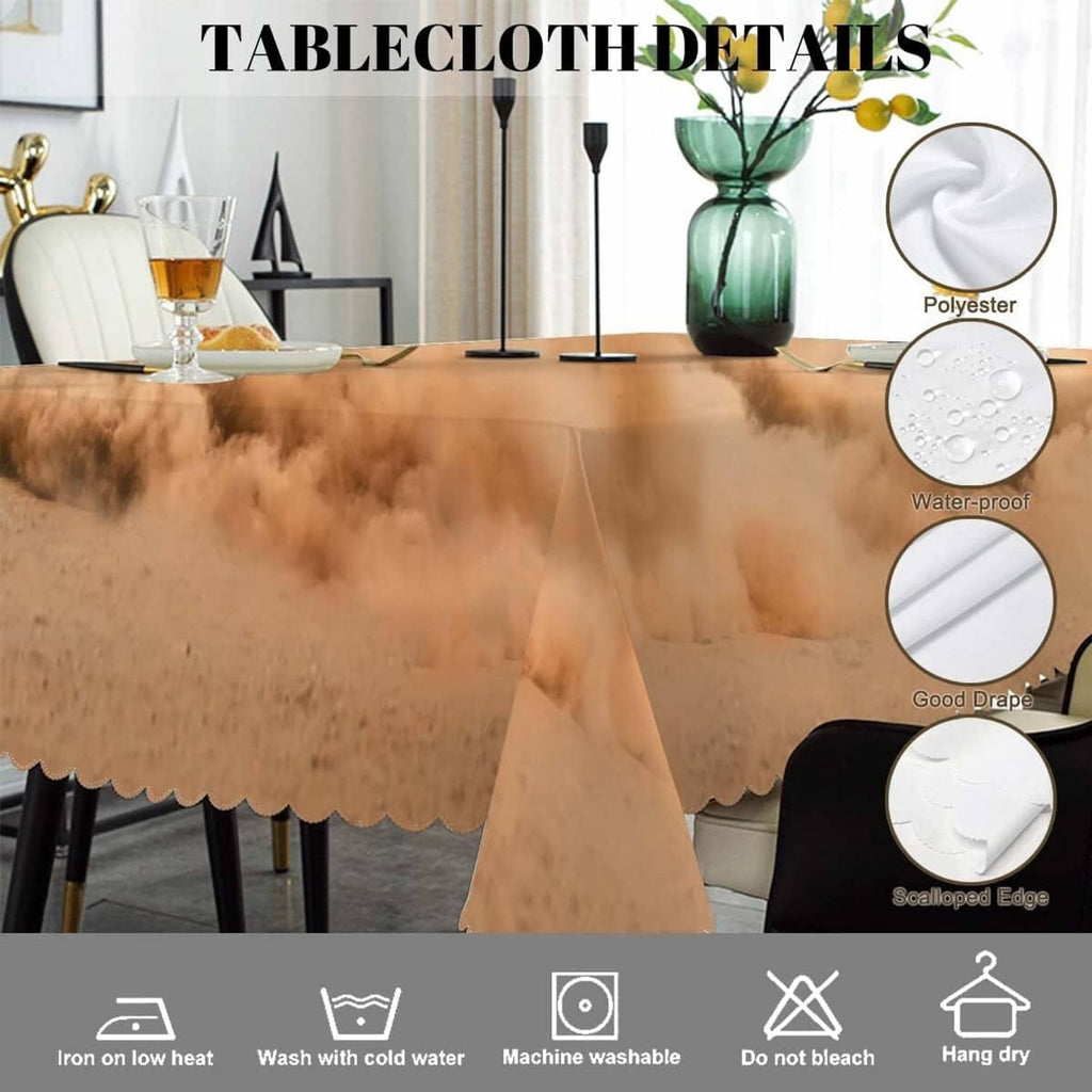 Rectangular horse-print tablecloth with scalloped edge and water-resistant finish
