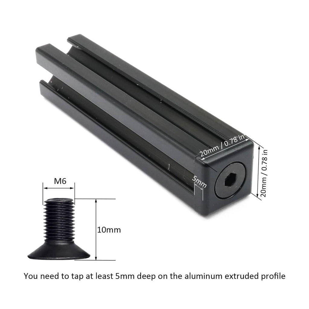 Black T-slot end cap bracket with mounting hole on 20x20 extrusion profile