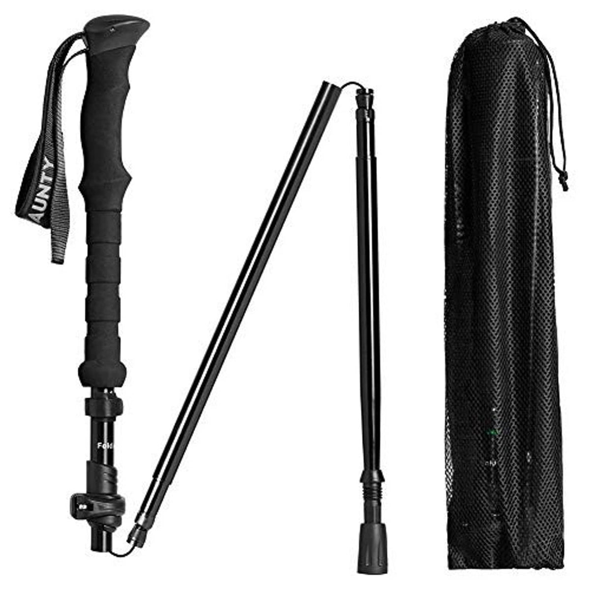 Collapsible dark trekking poles with folding handles and mesh carry bag, upright layout