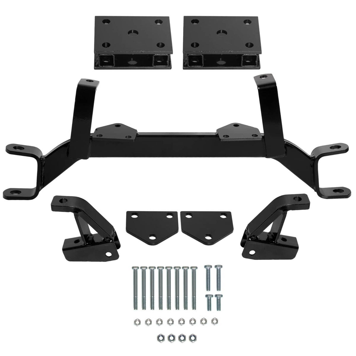 Black drop axle lift bracket set with mounting plates, side arms, and bolt hardware