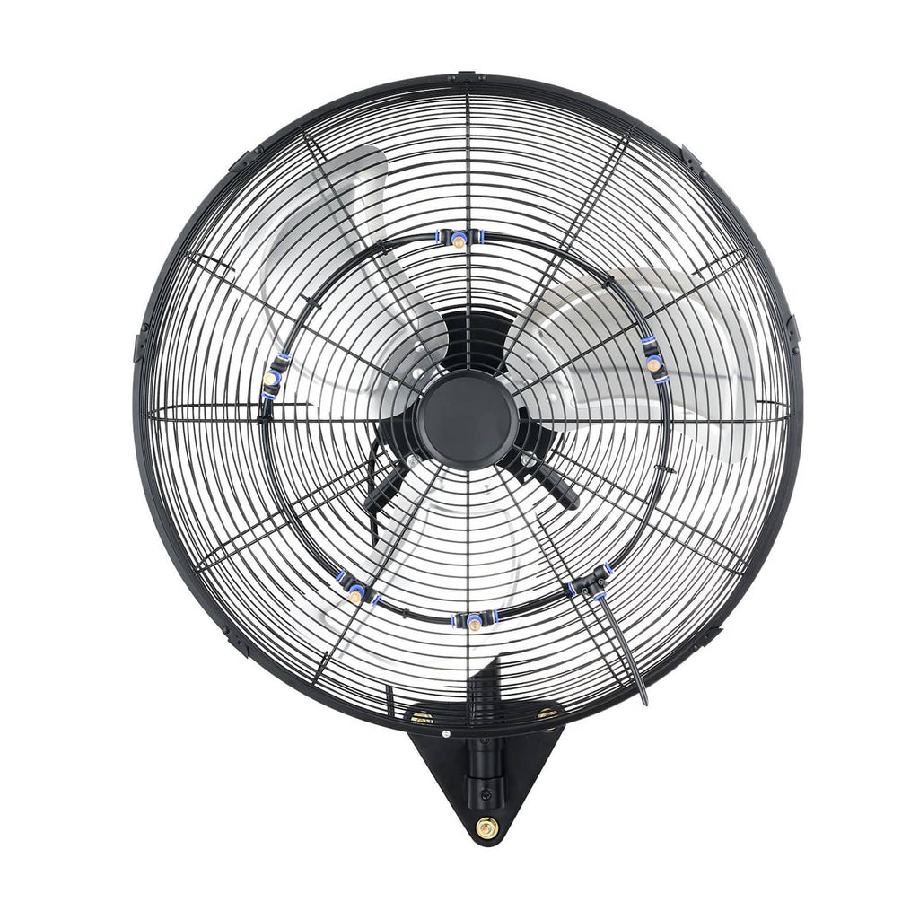 20-inch wall fan with grille and black fan blades, oscillating design, round base mount