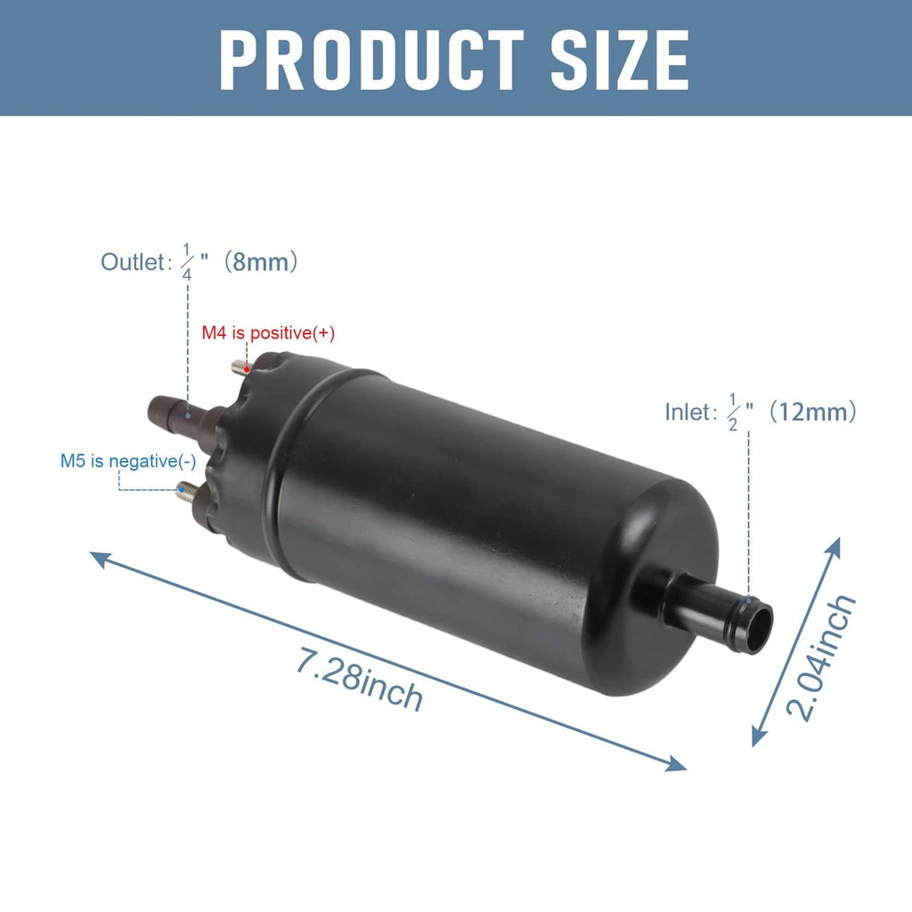 Black external fuel pump with inlet and outlet ports, shown with size dimensions