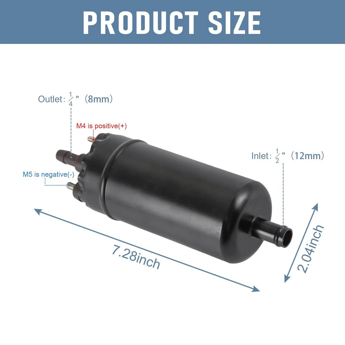 Black external fuel pump with inlet and outlet ports, shown with size dimensions
