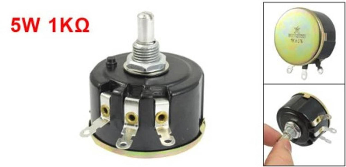 Round shaft wire-wound potentiometer, 1K ohm, 5W, with 6 mm threaded shaft