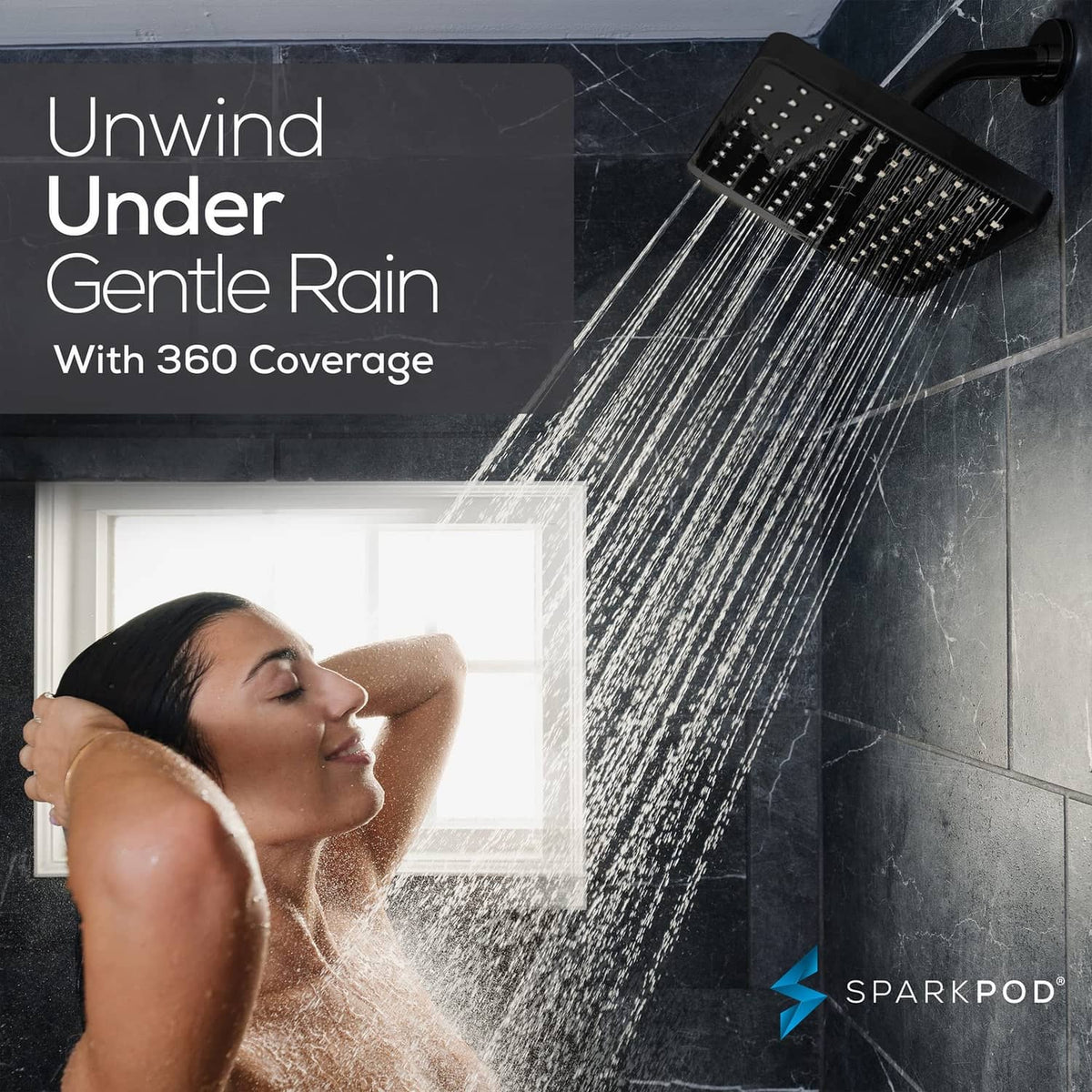 Matte black 8-inch square rain shower head with wide gentle rain spray