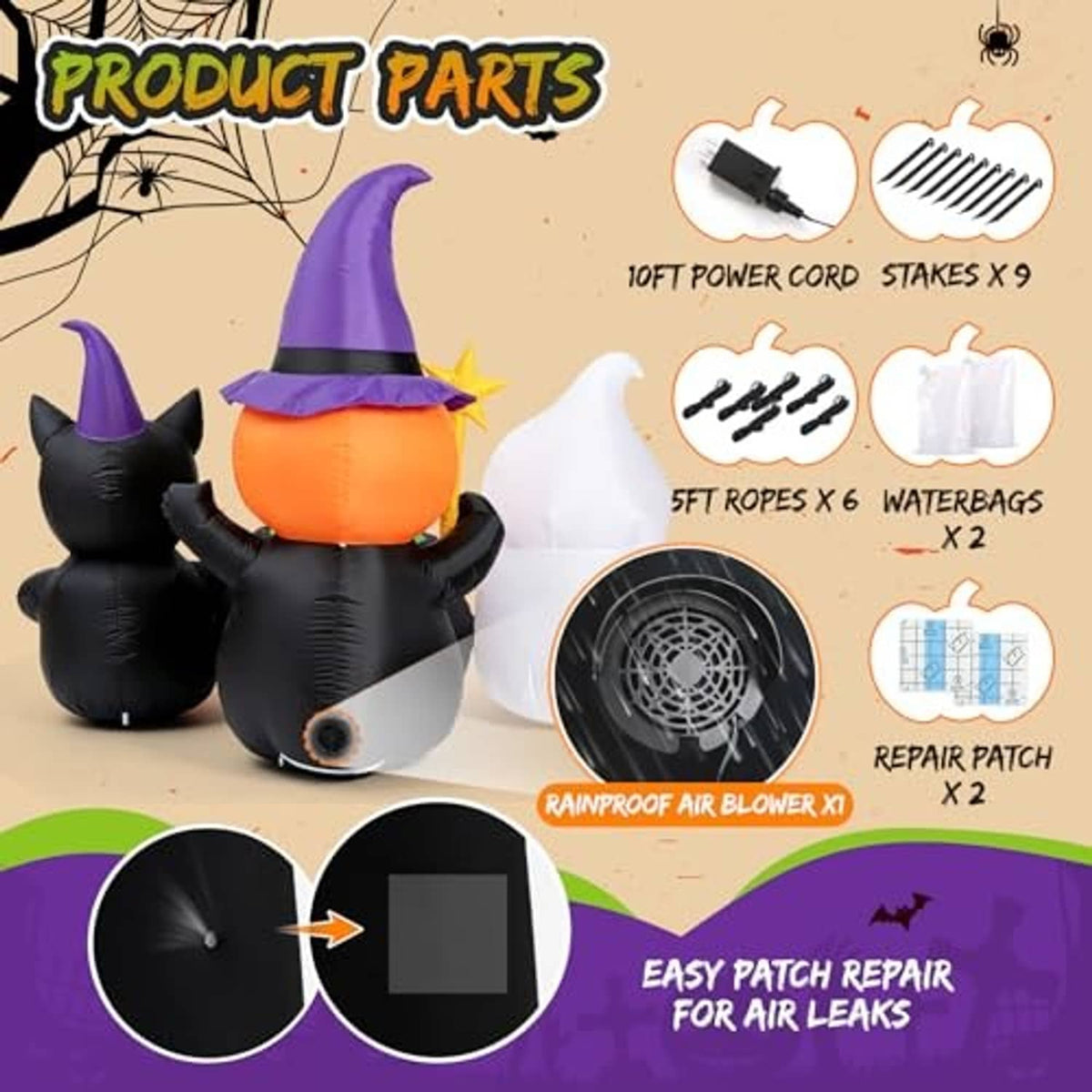 Halloween inflatable set diagram with blower, stakes, ropes, waterbags, and repair patch