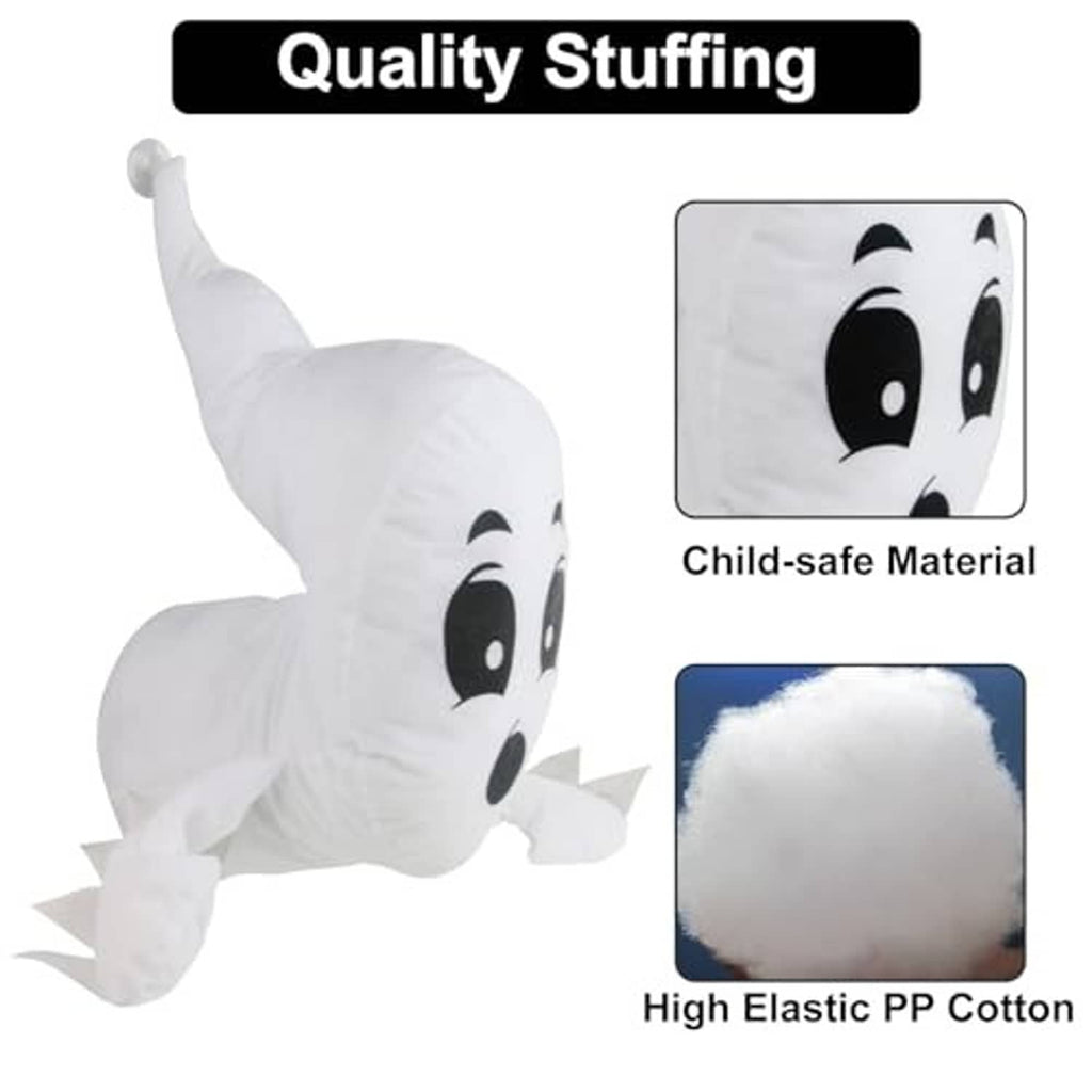 White stuffed ghost with big black eyes and soft fill; suction-cup base for windows