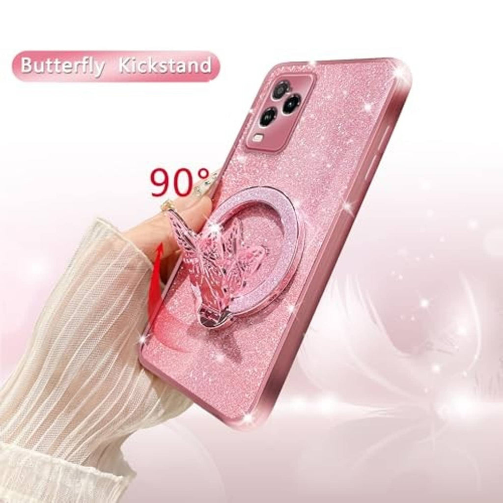 Rose gold glitter phone case with butterfly kickstand ring, shown at an angle