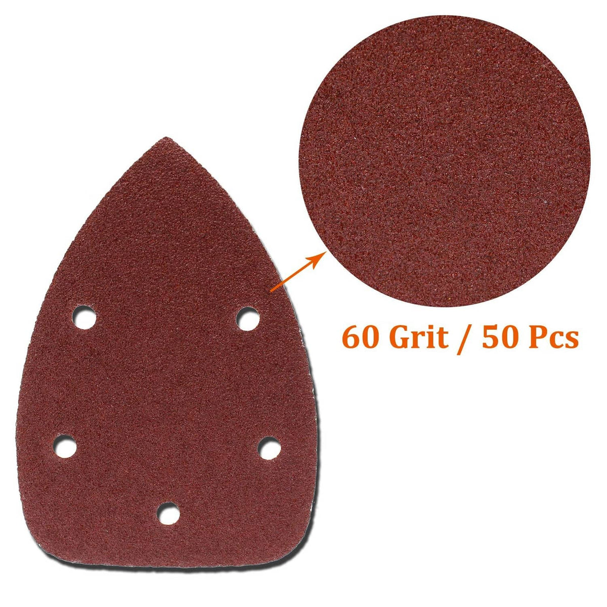 Triangular 60-grit sanding sheets, dark red-brown, five holes; one sheet and round close-up