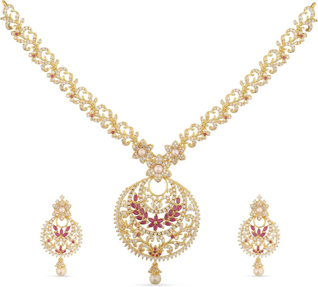 Gold-plated brass short necklace set with CZ pendant and matching earrings