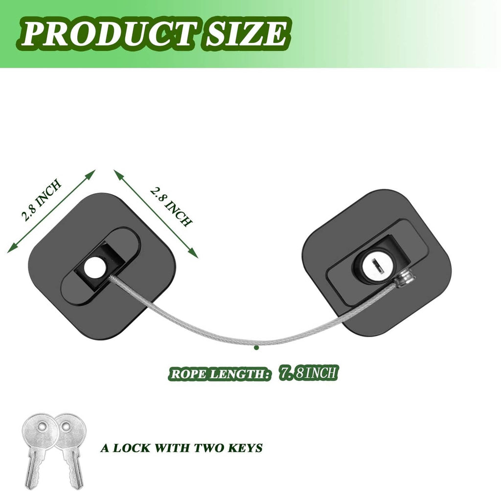 Refrigerator cable lock with two black pad locks and flexible cord, shown with keys