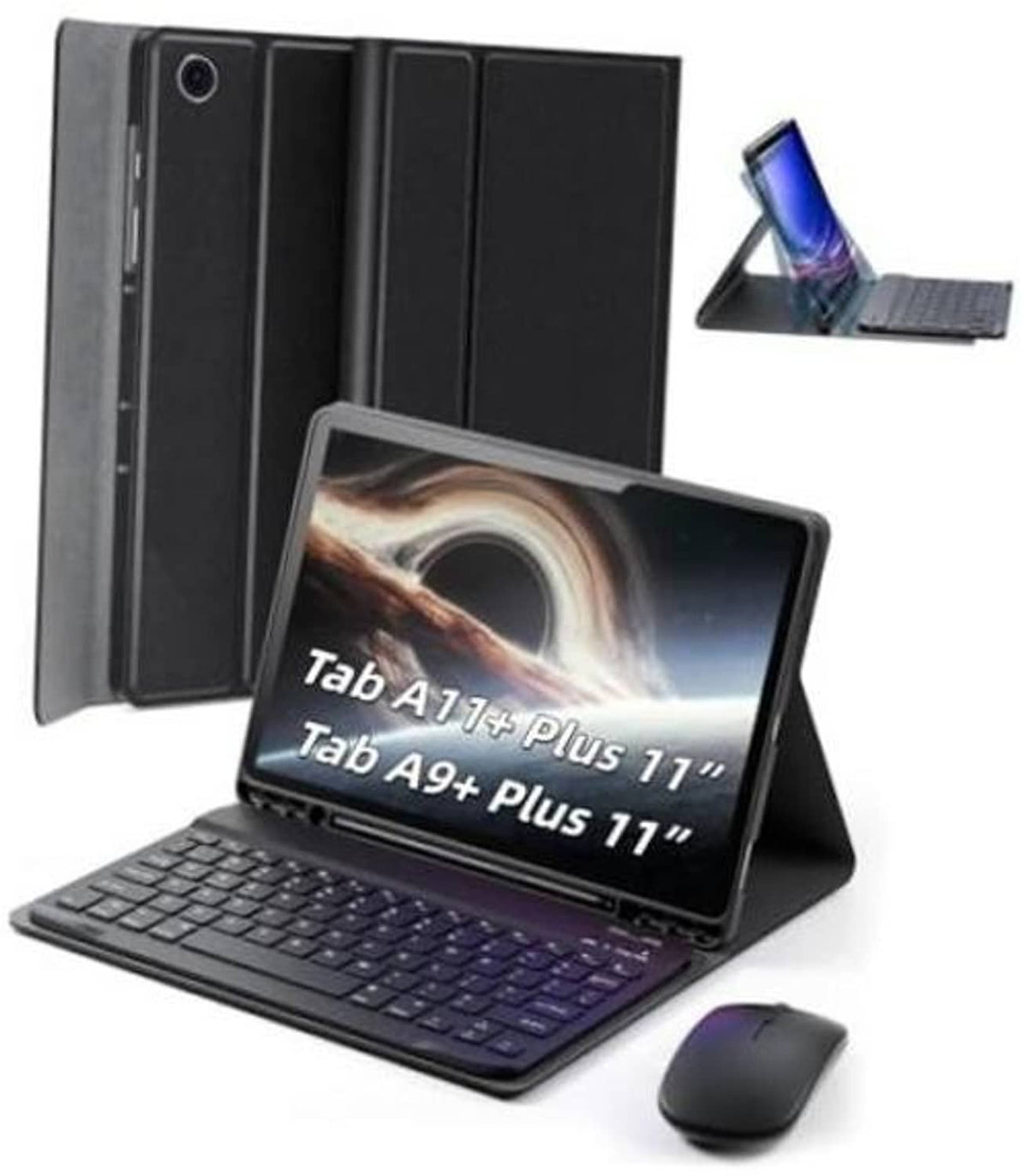 Black folio keyboard case for 11-inch tablet, open cover with keyboard docked