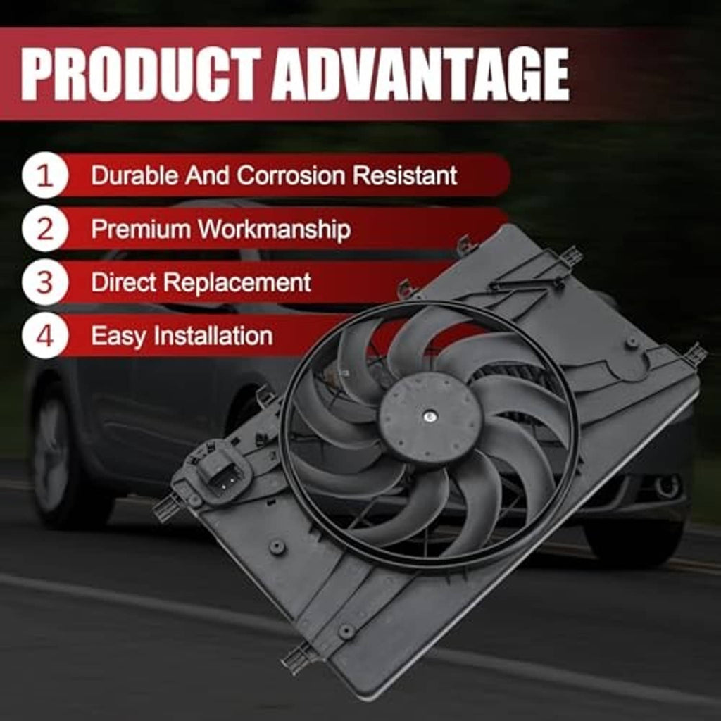 Engine radiator cooling fan assembly with dark shroud, multi-blade fan, and wiring