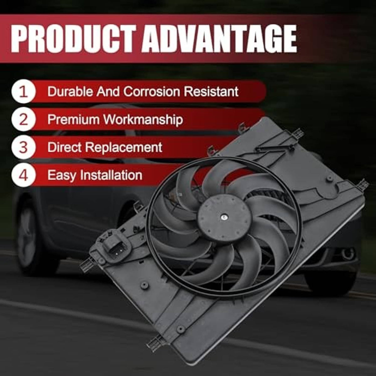 Engine radiator cooling fan assembly with dark shroud, multi-blade fan, and wiring