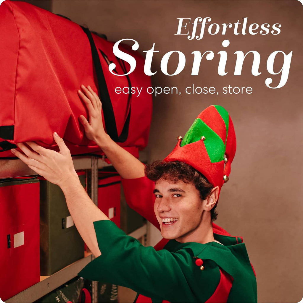 Red storage bag lifted by side handles with black strap accents