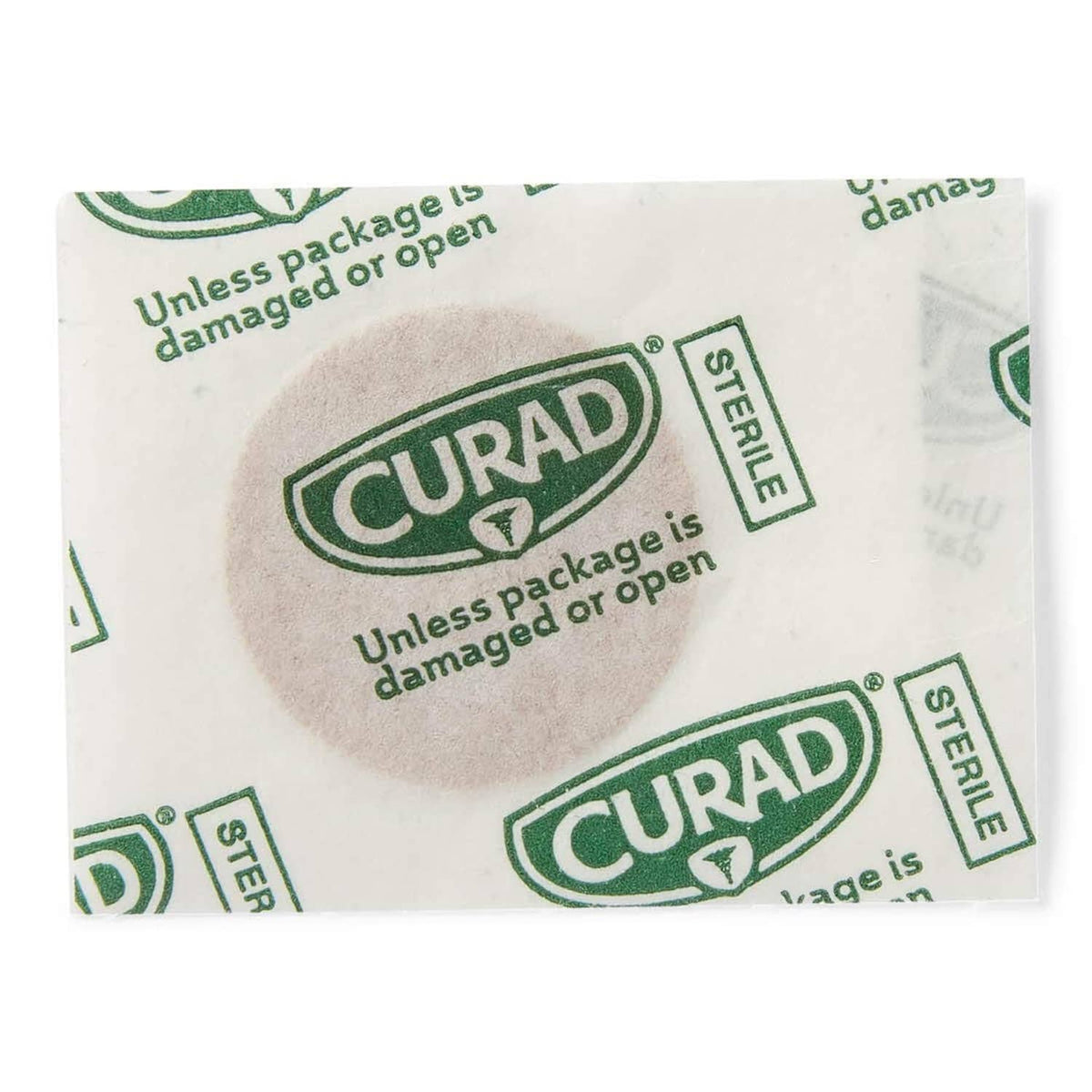Individually wrapped adhesive fabric bandage pad, sterile label, brown edge
