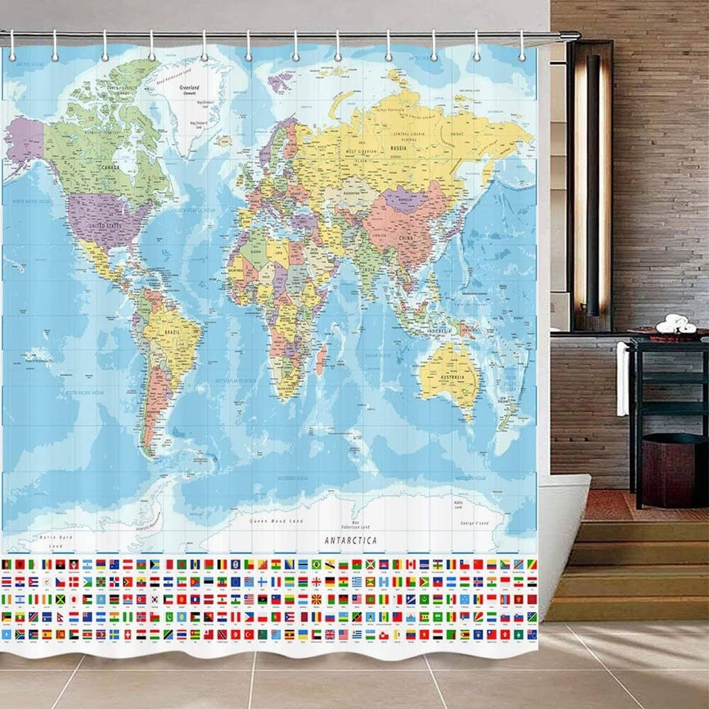 Multi-color waterproof shower curtain with world map print, flag band along bottom edge