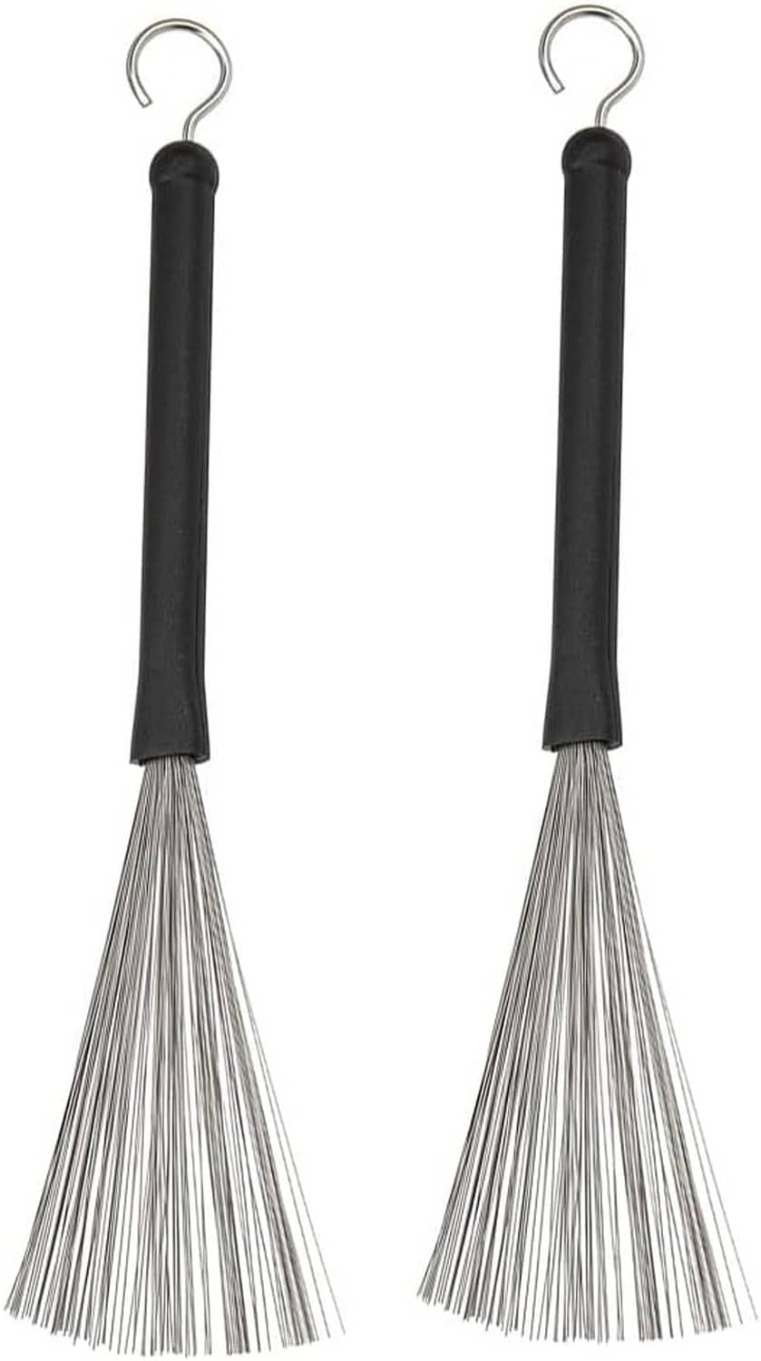Pair of drum wire brush sticks featuring black handles and long silver wire bristle heads