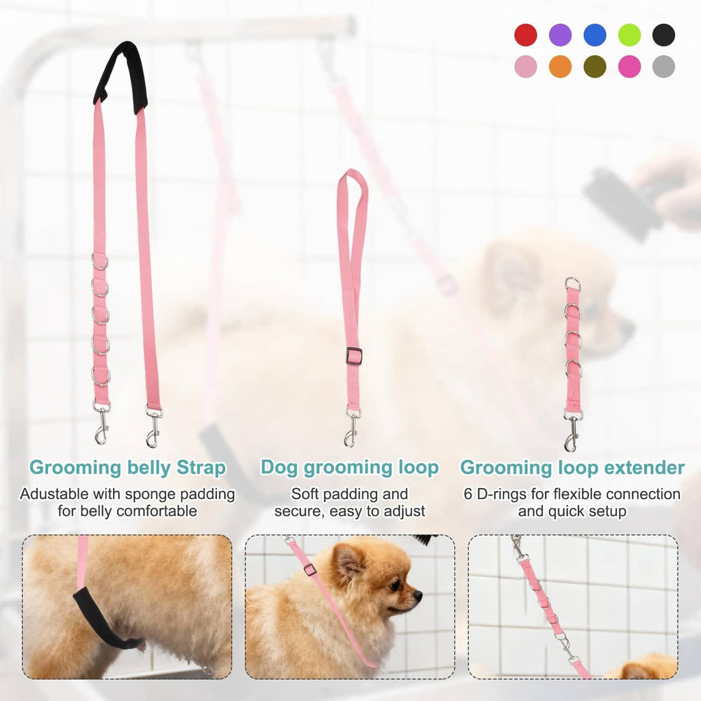 Pink dog grooming belly strap set with adjustable loops and metal connectors
