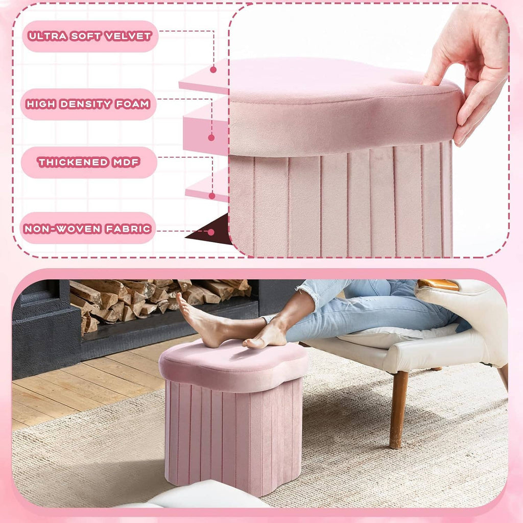 Pink velvet storage ottoman with thick padded lid and ribbed storage body