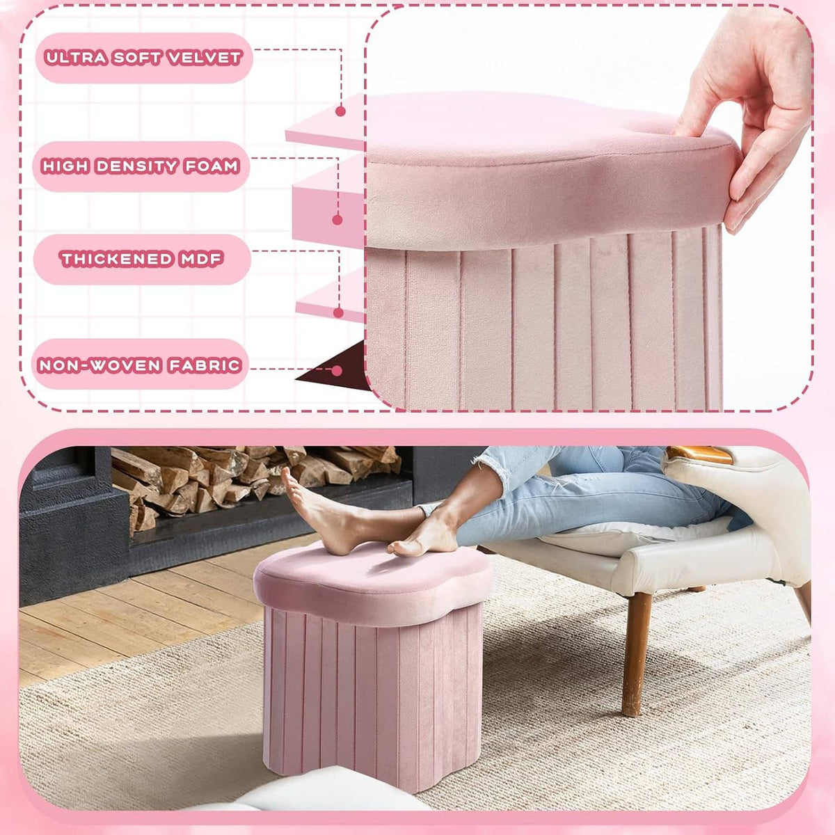 Pink velvet storage ottoman with thick padded lid and ribbed storage body