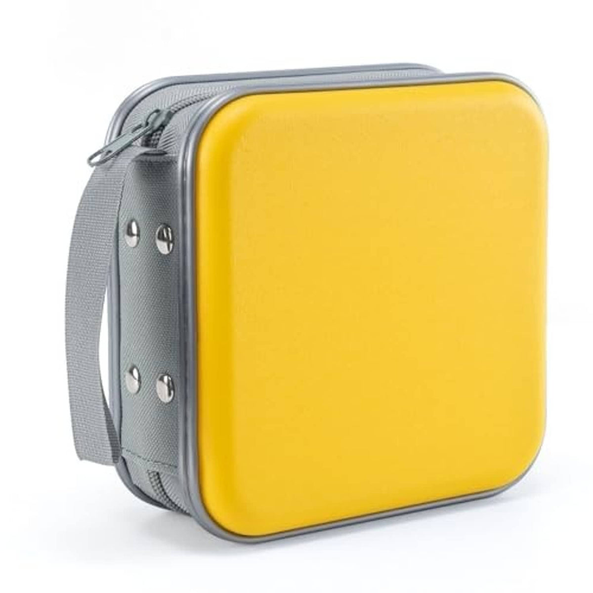 Yellow hard-shell DVD/CD storage case with gray border, strap, and zipper closure.