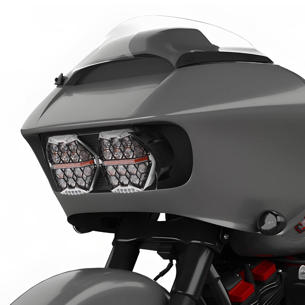 Dual LED headlight assembly with black casing and bright hexagonal lens clusters