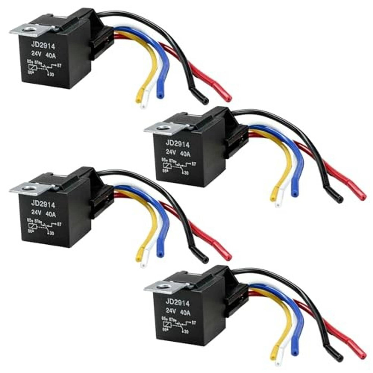 Four black 24V relay modules with 5-pin sockets and bundled color-coded wiring leads