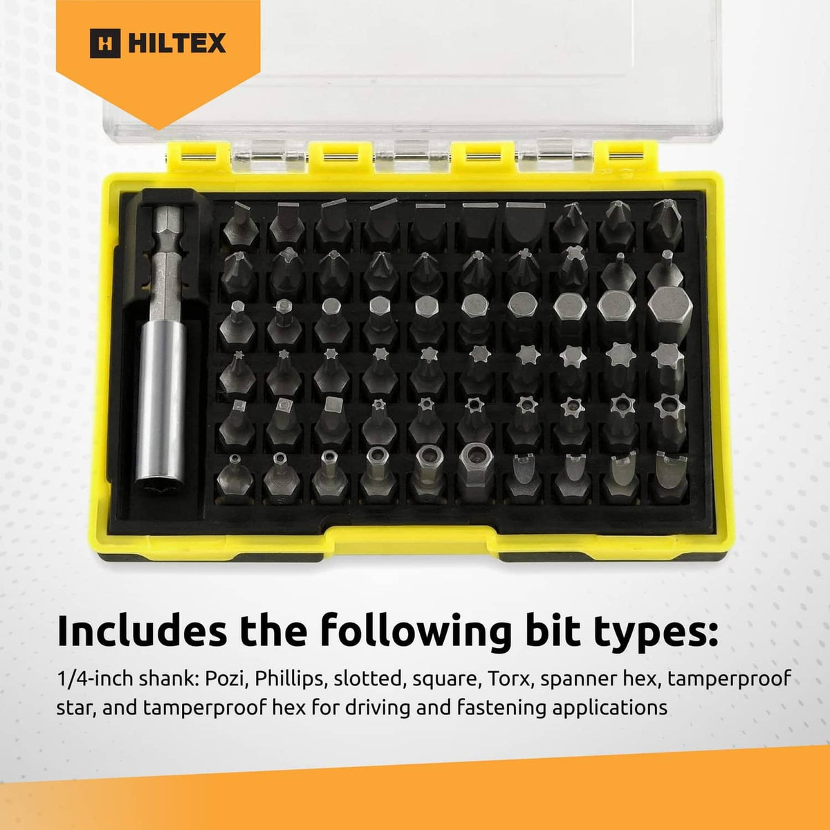 Hiltex security bit set with magnetic adapter, neatly stored in yellow case