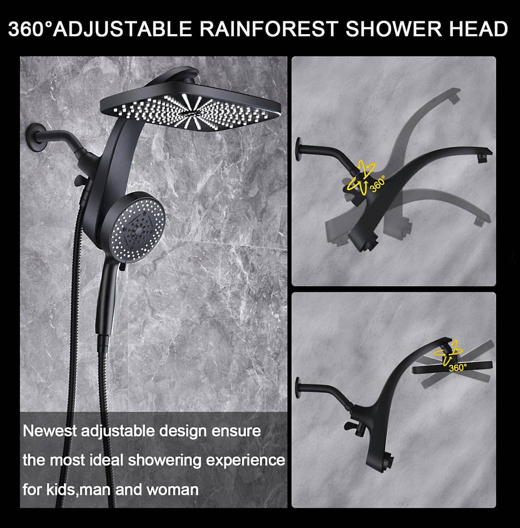 360° adjustable black rain shower head with rotating face and handheld sprayer
