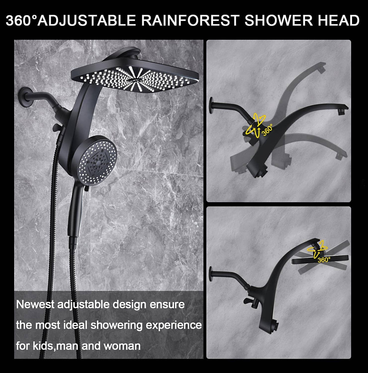 360° adjustable black rain shower head with rotating face and handheld sprayer