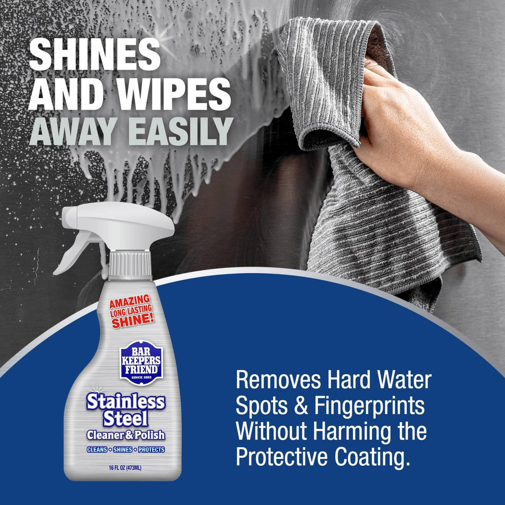 Stainless steel cleaner spray bottle with microfiber cloth and “Shines and wipes away” text