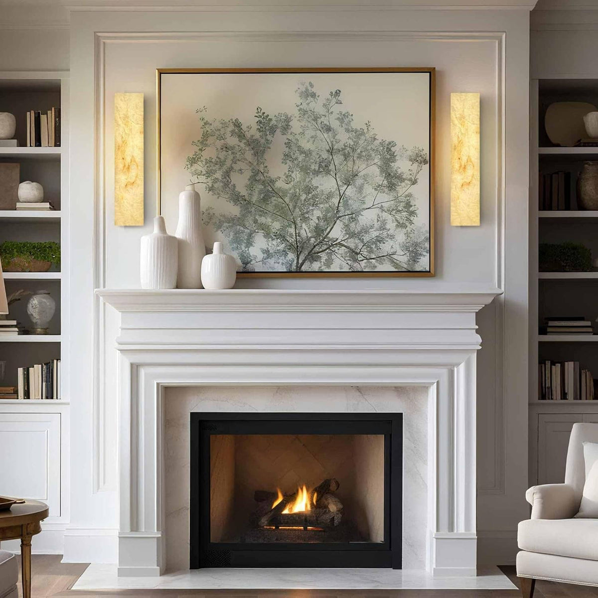 Two rectangular marble wall sconces with warm glow mounted above a fireplace