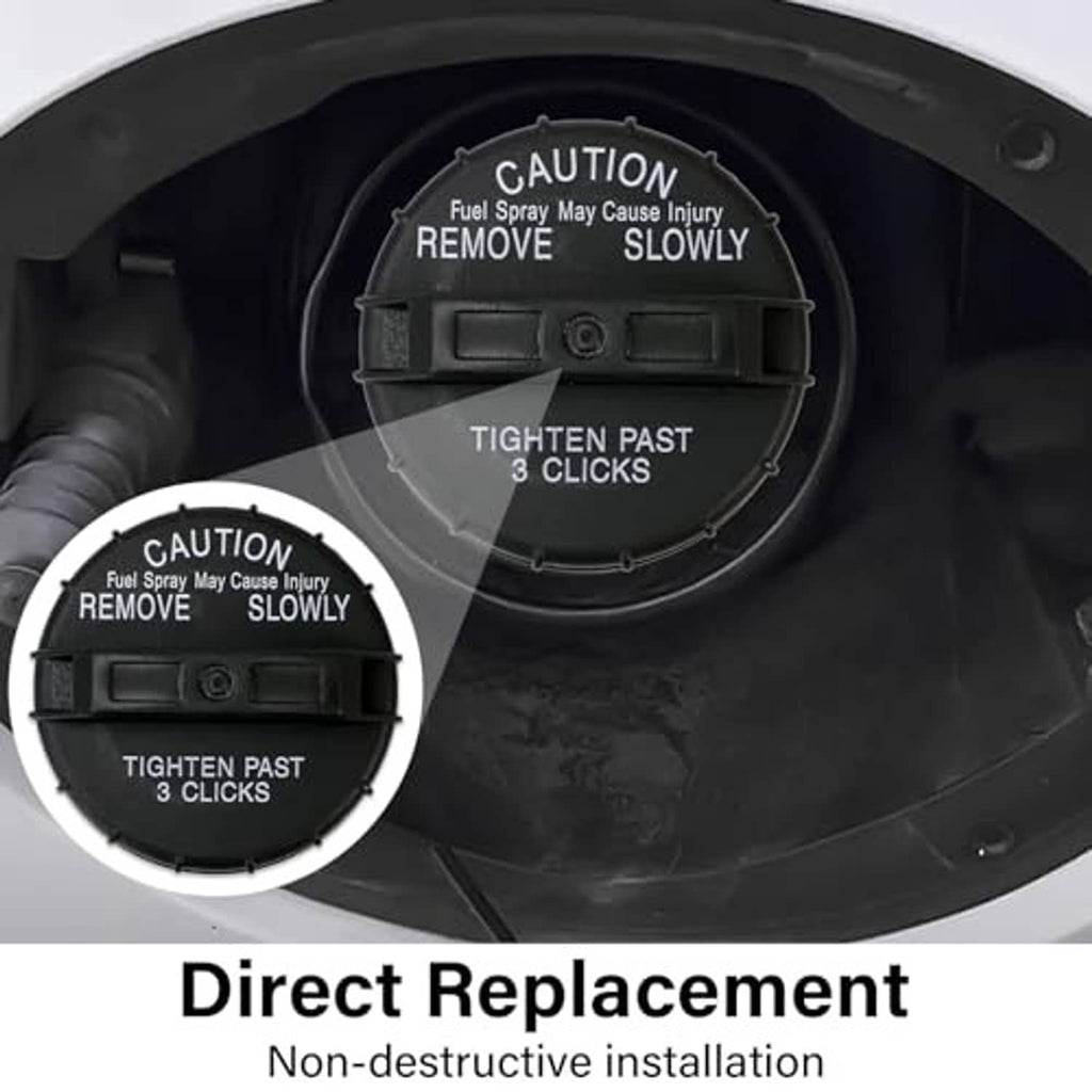 Fuel gas cap installed on fuel port area, showing “CAUTION” warning and “TIGHTEN PAST 3 CLICKS”