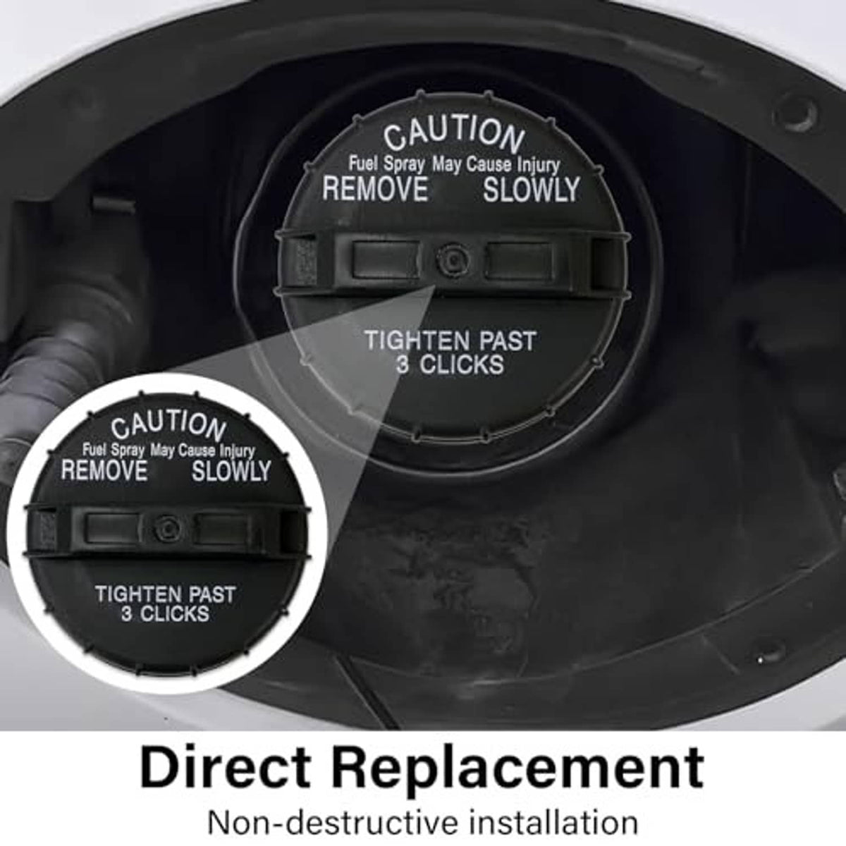 Fuel gas cap installed on fuel port area, showing “CAUTION” warning and “TIGHTEN PAST 3 CLICKS”