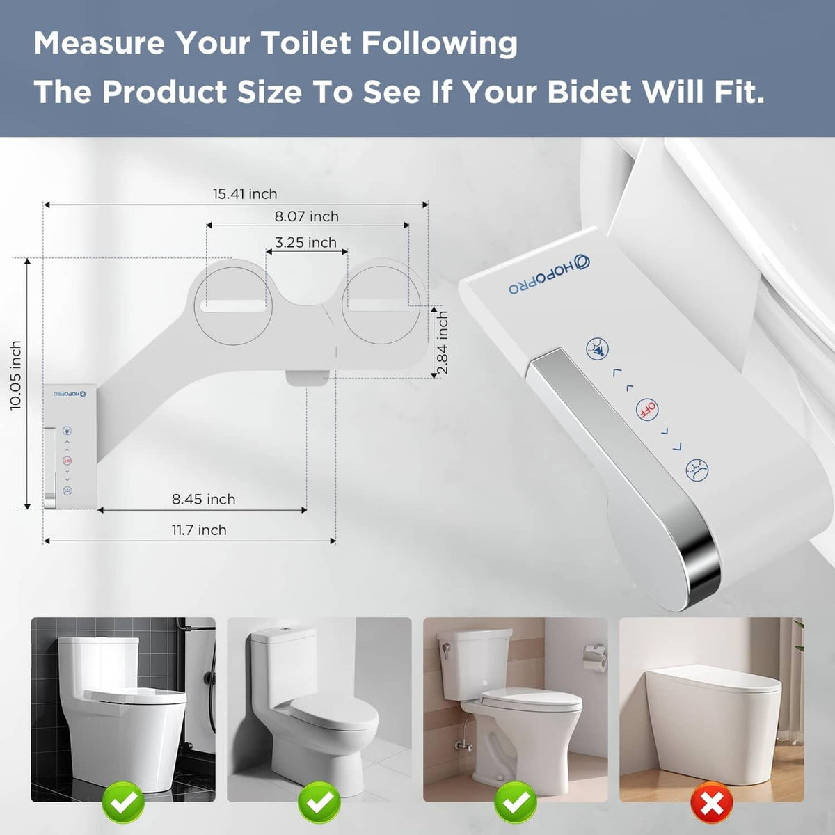 Non-electric bidet attachment with size dimensions and white slim nozzle unit