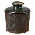 Greenish-brown stoneware butter crock with matching lid, glazed finish
