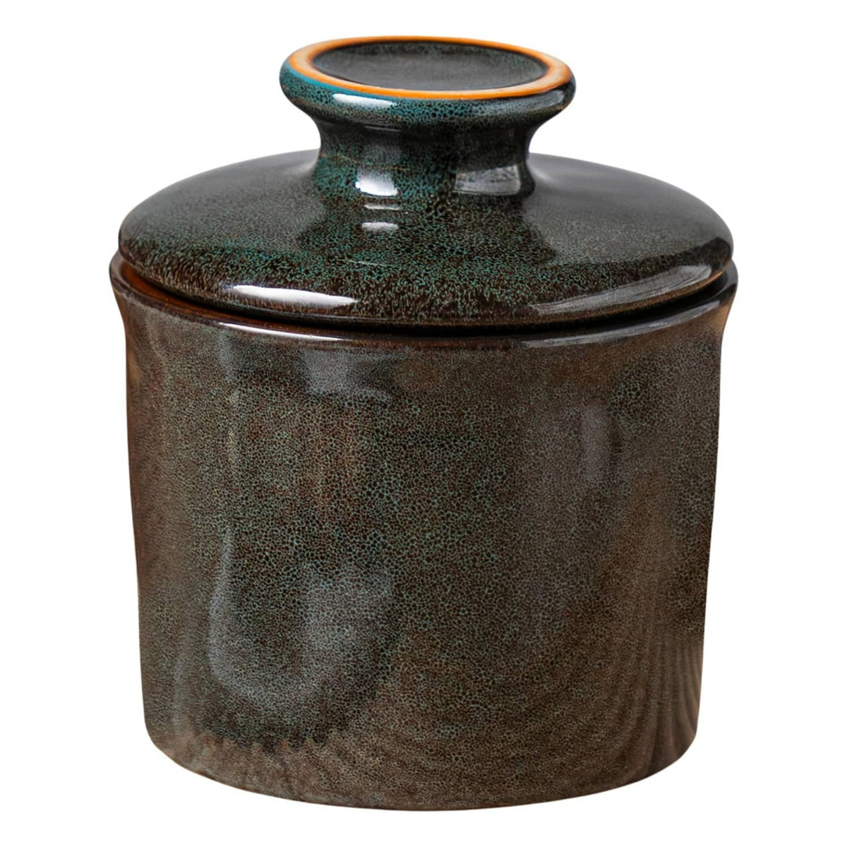 Greenish-brown stoneware butter crock with matching lid, glazed finish