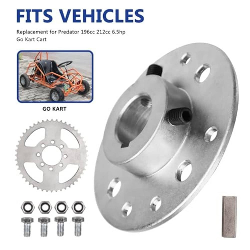 Steel go-kart rear sprocket, 1/4 keyway bore, 8-hole hub, with mounting hardware