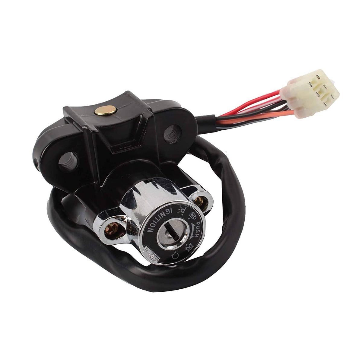 Ignition switch with chrome cylinder, black housing, and red wiring pigtail