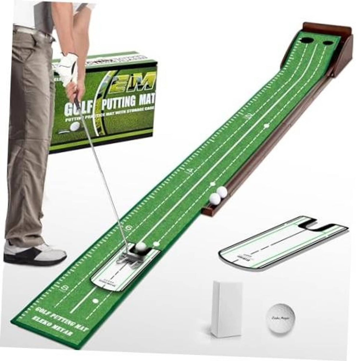 Indoor putting green golf mat with ball, guide lines, and practice hole cups