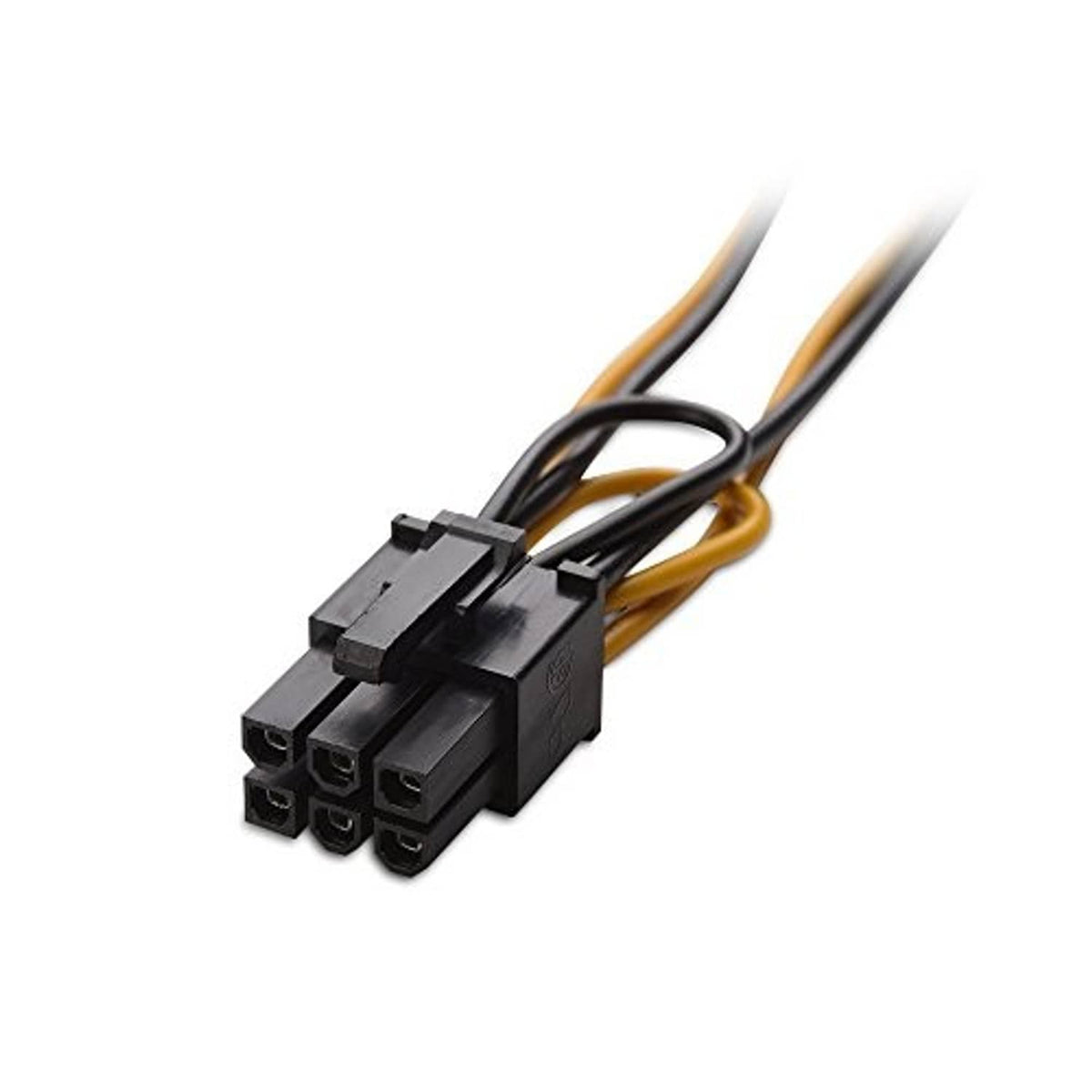 PCIe 6-pin power connector end on black cable with orange and black wire leads