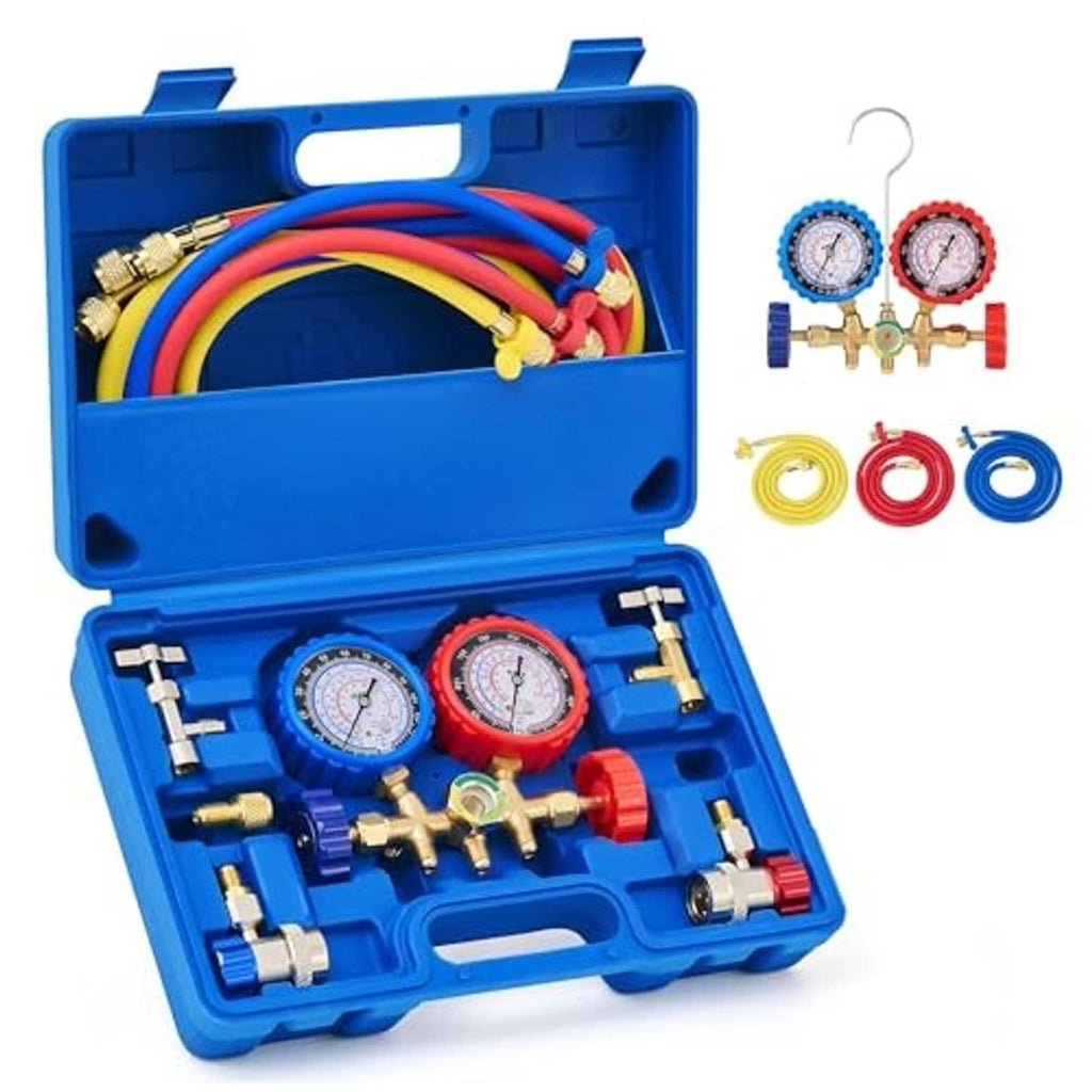 AC manifold gauge set in open blue case with two gauges, brass fittings, and hoses